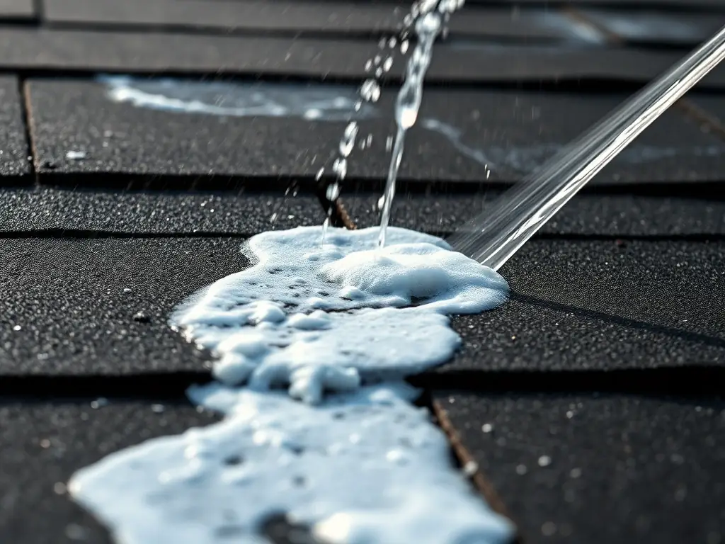 A close-up shot of asphalt shingles being gently cleaned with a soft washing technique, showcasing the removal of algae and stains.
