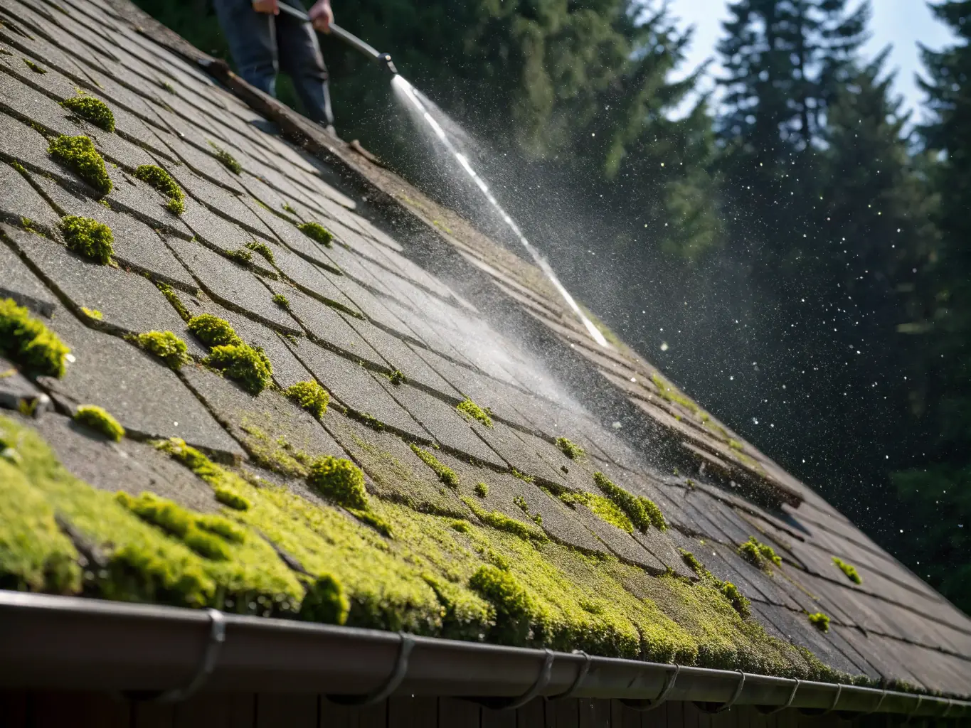 A close-up shot of a roof with heavy moss buildup before treatment, contrasted with a section of the same roof after moss removal, demonstrating the effectiveness of our moss removal service.