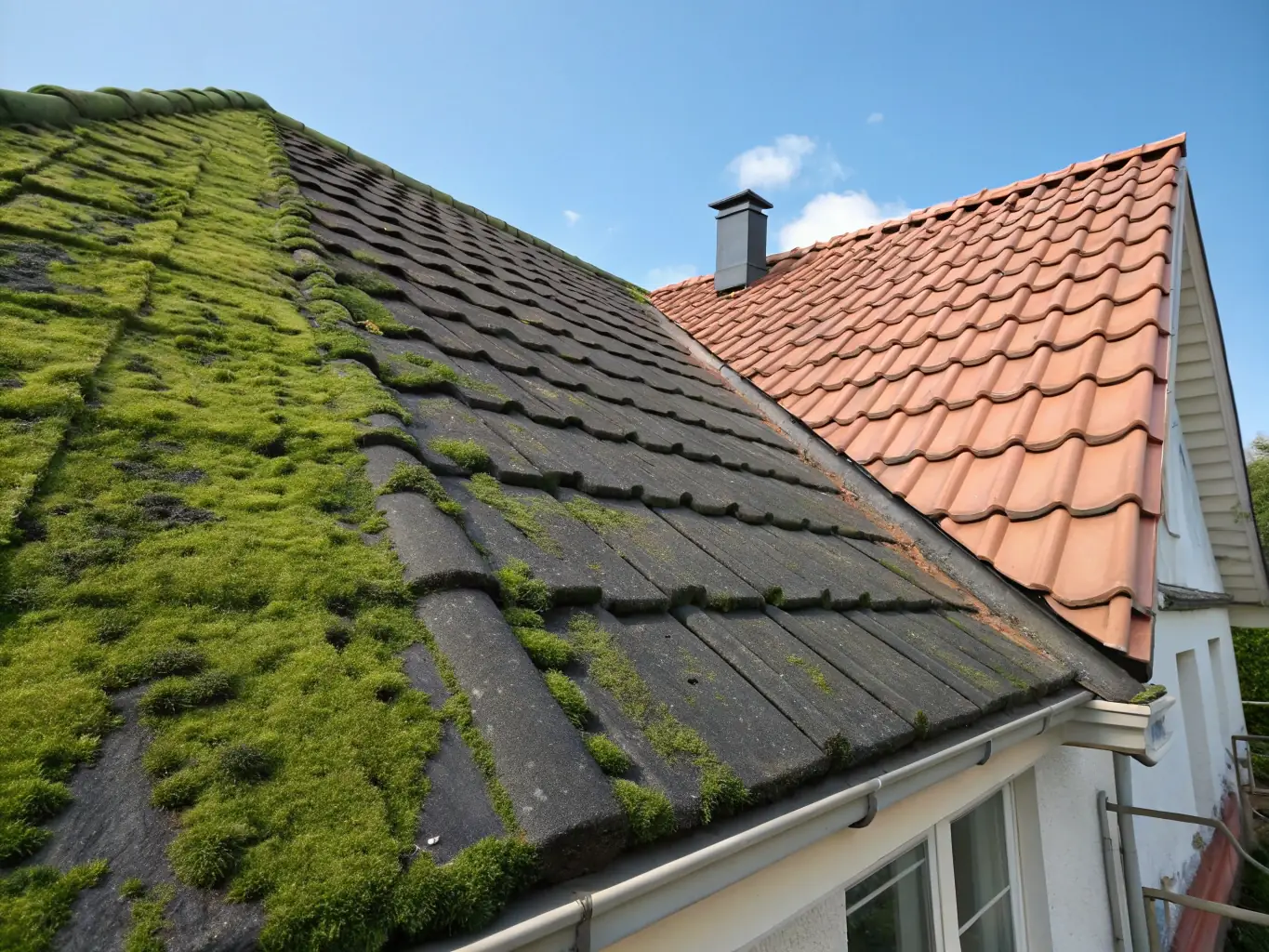 A roof being treated with an eco-friendly algae removal solution, with visible results showing the algae fading away, highlighting our commitment to environmentally responsible cleaning practices.