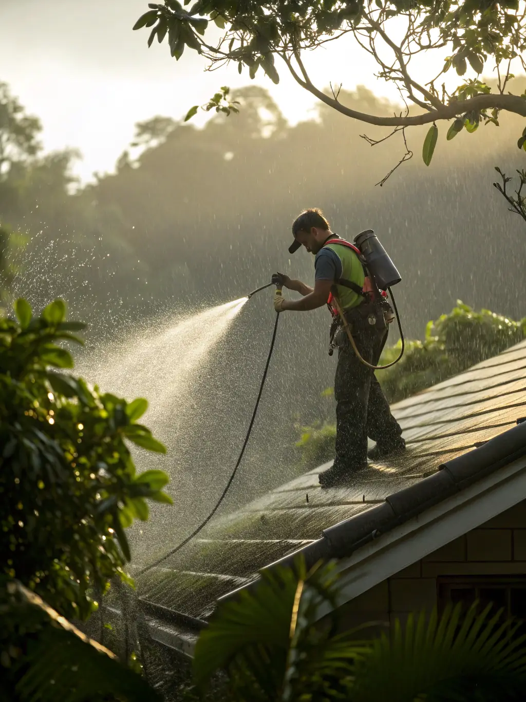 An image of eco-friendly cleaning solutions being used on a roof, emphasizing the company's commitment to environmental responsibility.
