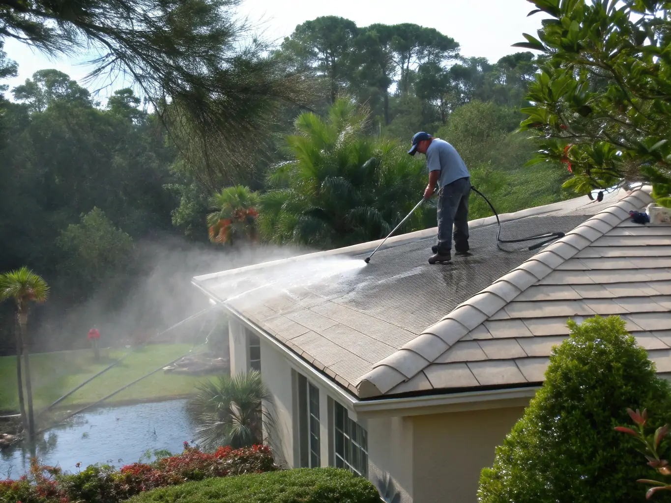 A residential roof being soft washed, with a technician carefully spraying a cleaning solution to remove moss and algae, showcasing our gentle yet effective cleaning method.